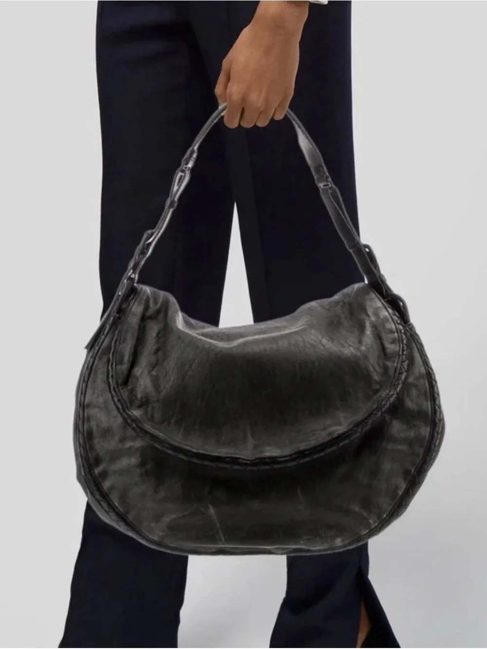 Bottega Veneta Distressed Black Leather Hobo Bag